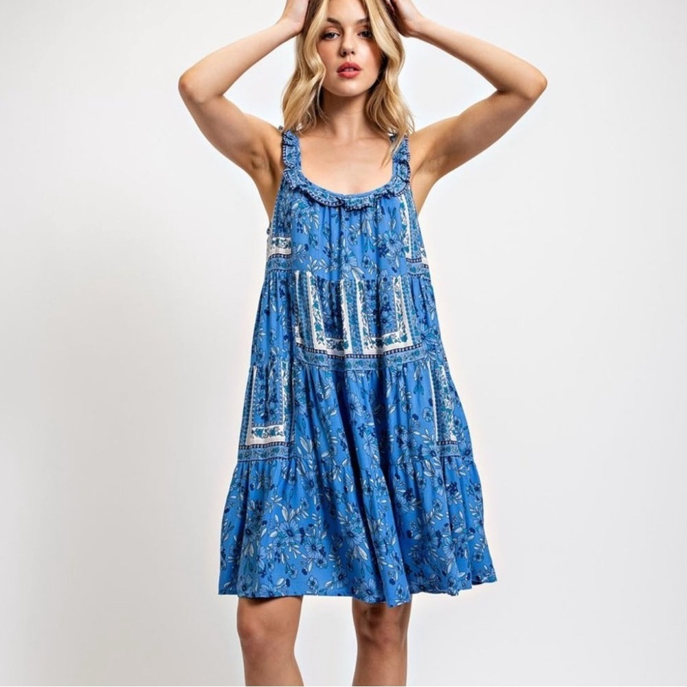 Gigio Blue Floral Swing Dress Medium